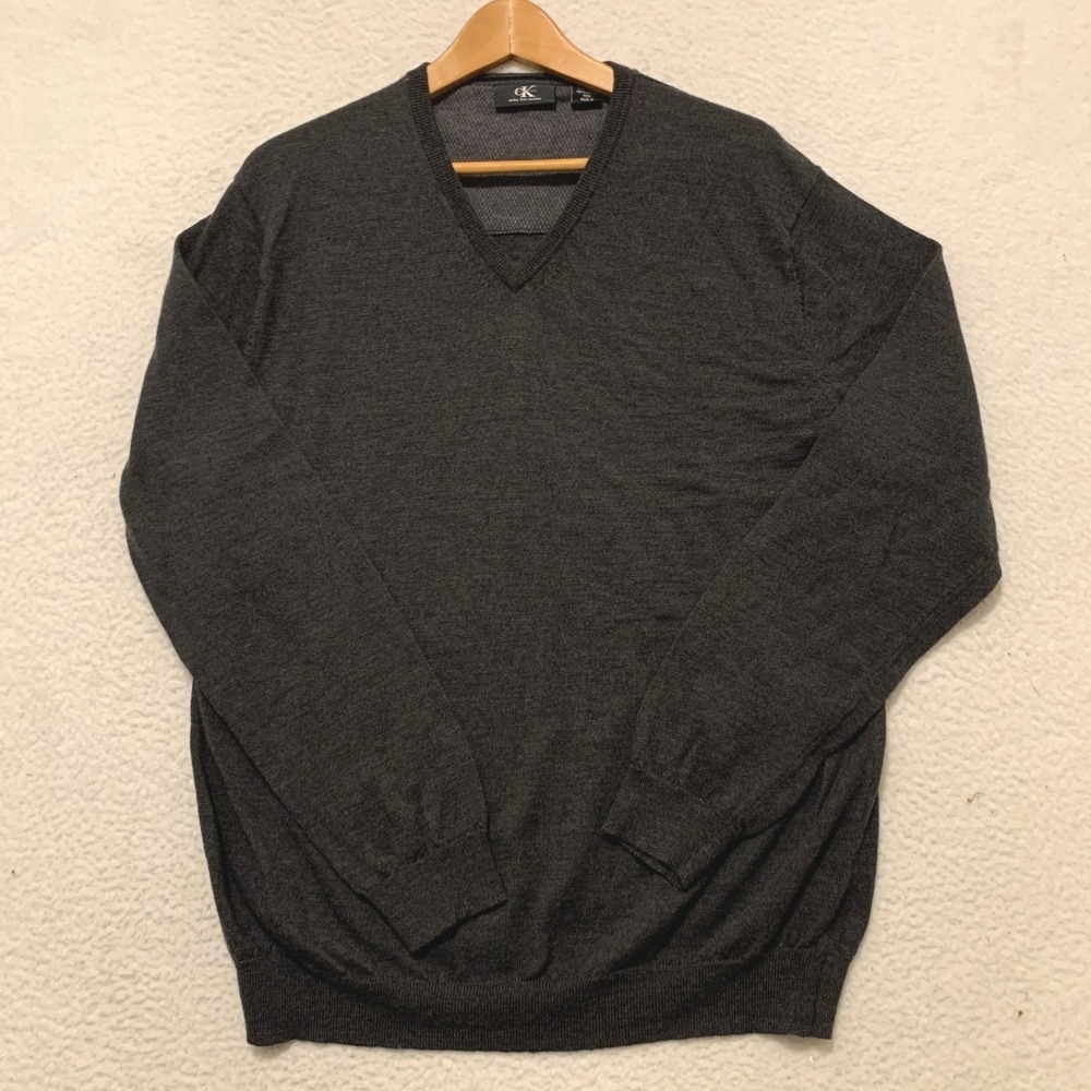 Calvin Klein Extra Fine Merino Wool V-Neck Sweater Mens XL Charcoal Gray Heather